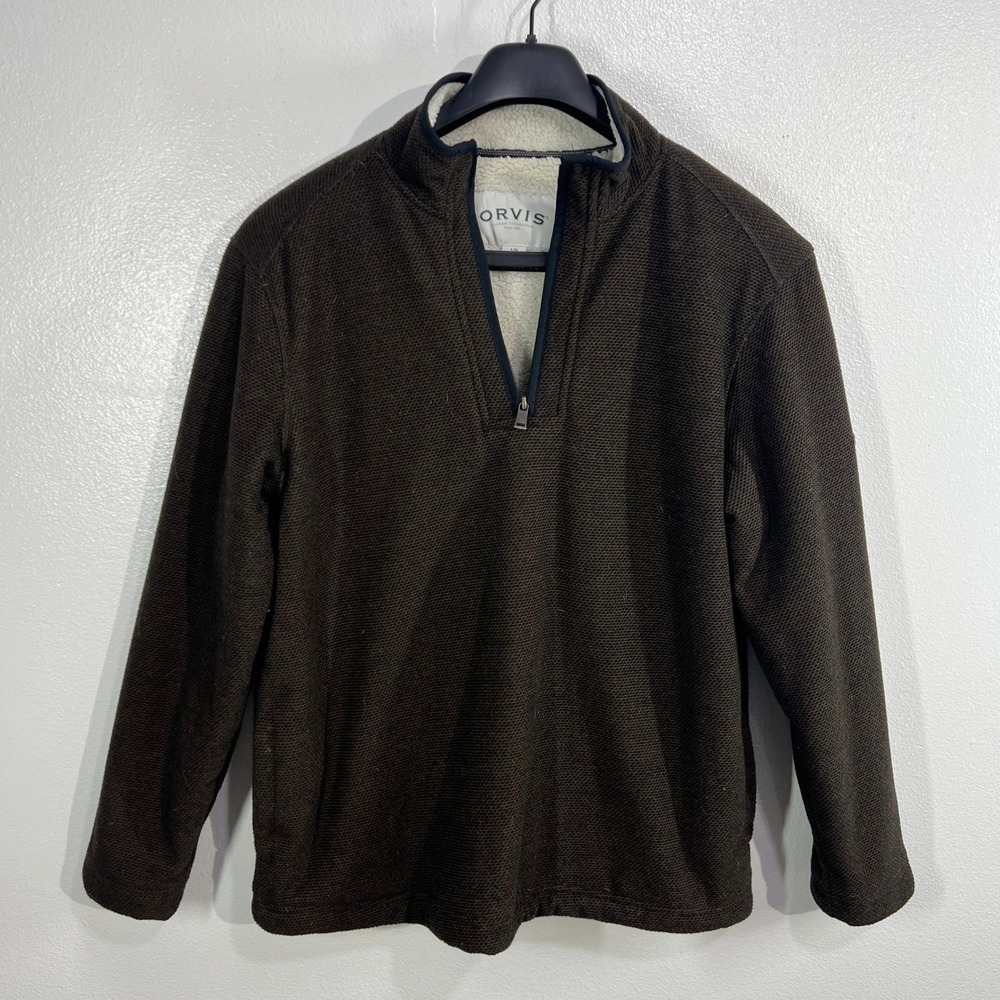 Orvis Sherpa Lined Quarter Zip Pullover L Men Brown Fleece Knit Warm Outdoor‎